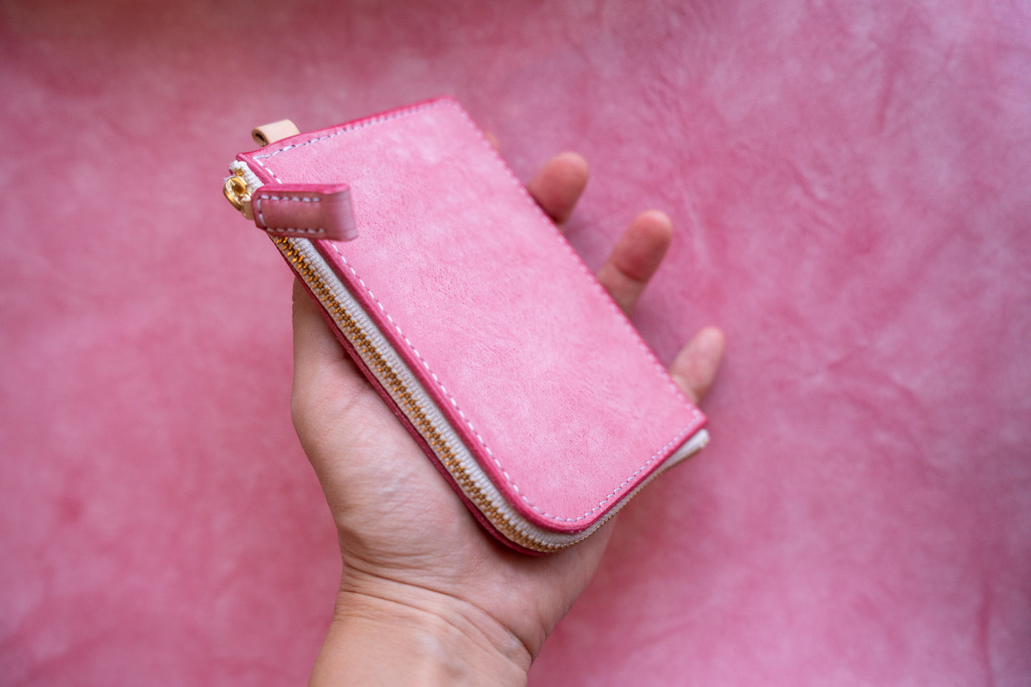 【一点物】L字ファスナー スリム財布 ピンク