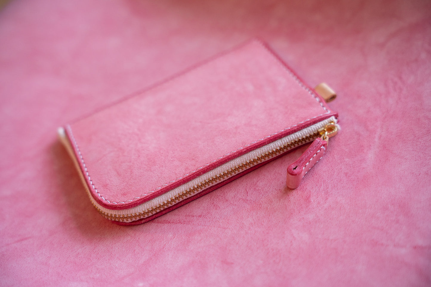 【一点物】L字ファスナー スリム財布 ピンク