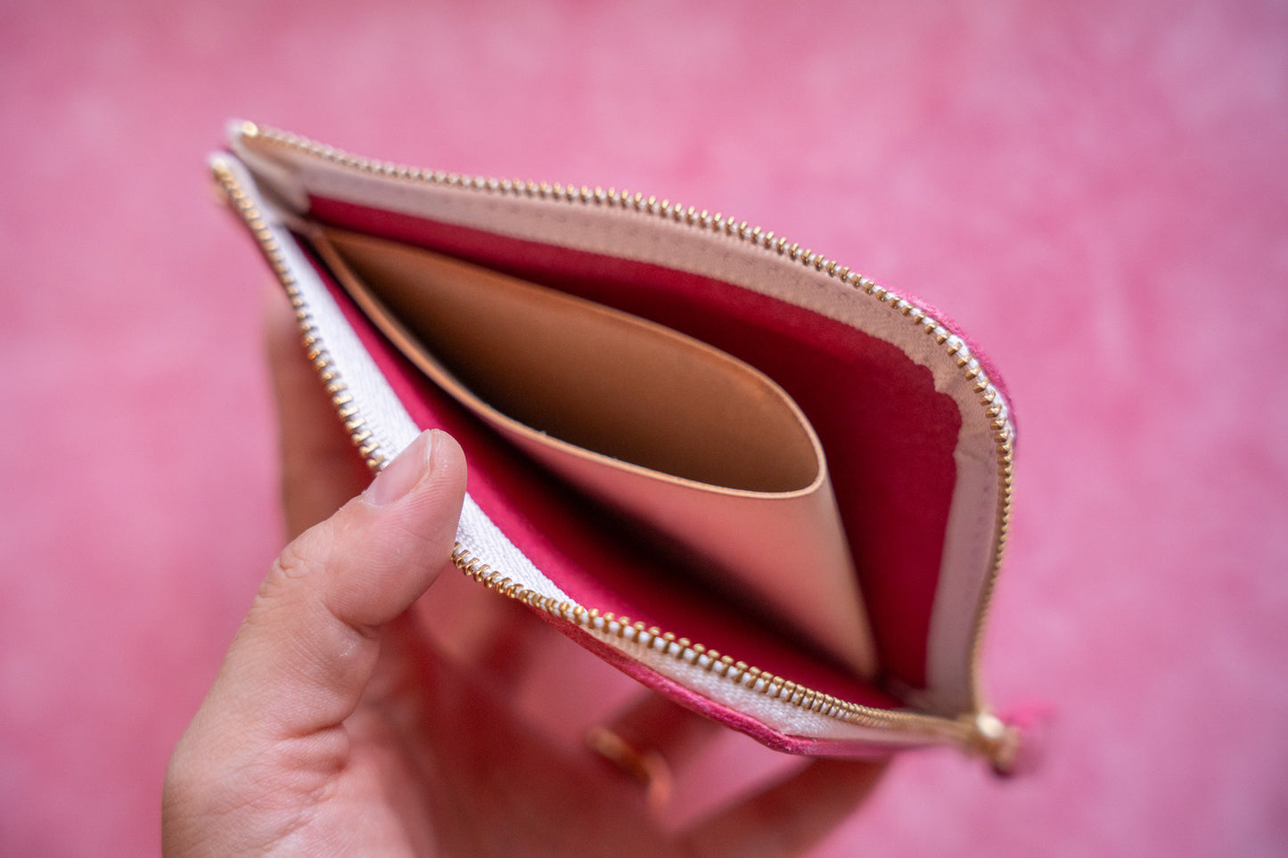 【一点物】L字ファスナー スリム財布 ピンク