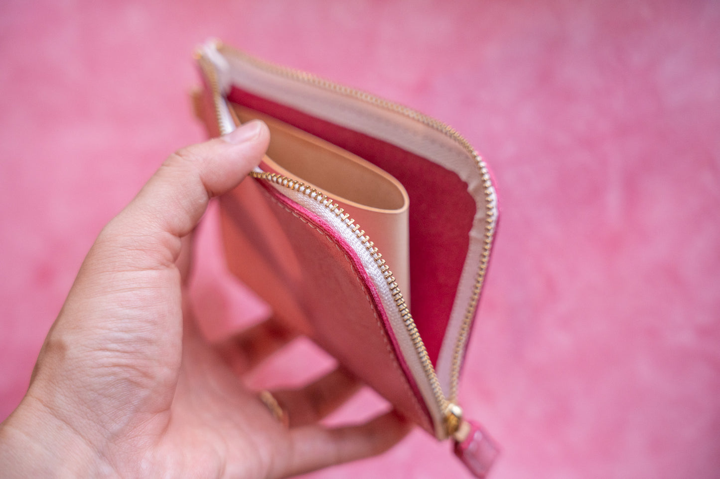 【一点物】L字ファスナー スリム財布 ピンク
