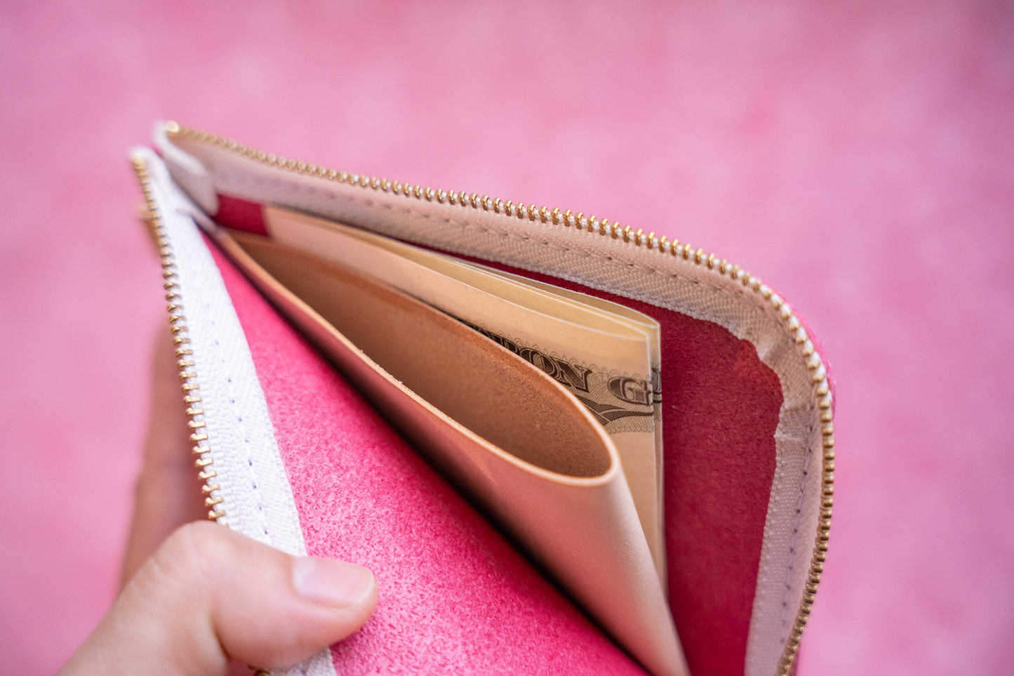 【一点物】L字ファスナー スリム財布 ピンク