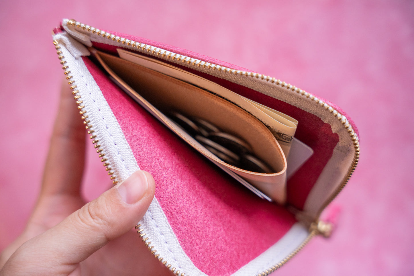 【一点物】L字ファスナー スリム財布 ピンク