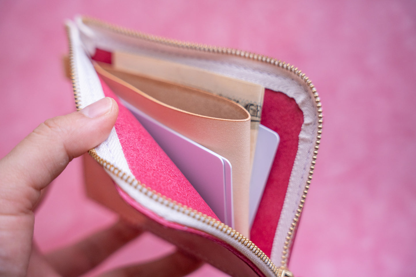 【一点物】L字ファスナー スリム財布 ピンク