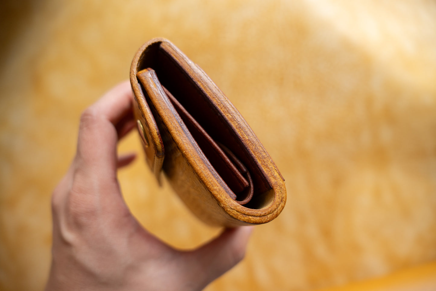 【一点物】ミニ財布 イエローxセサンタ 背面ポケット付き