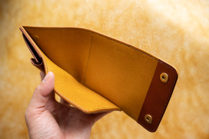 【一点物】ミニ財布 イエローxセサンタ 背面ポケット付き