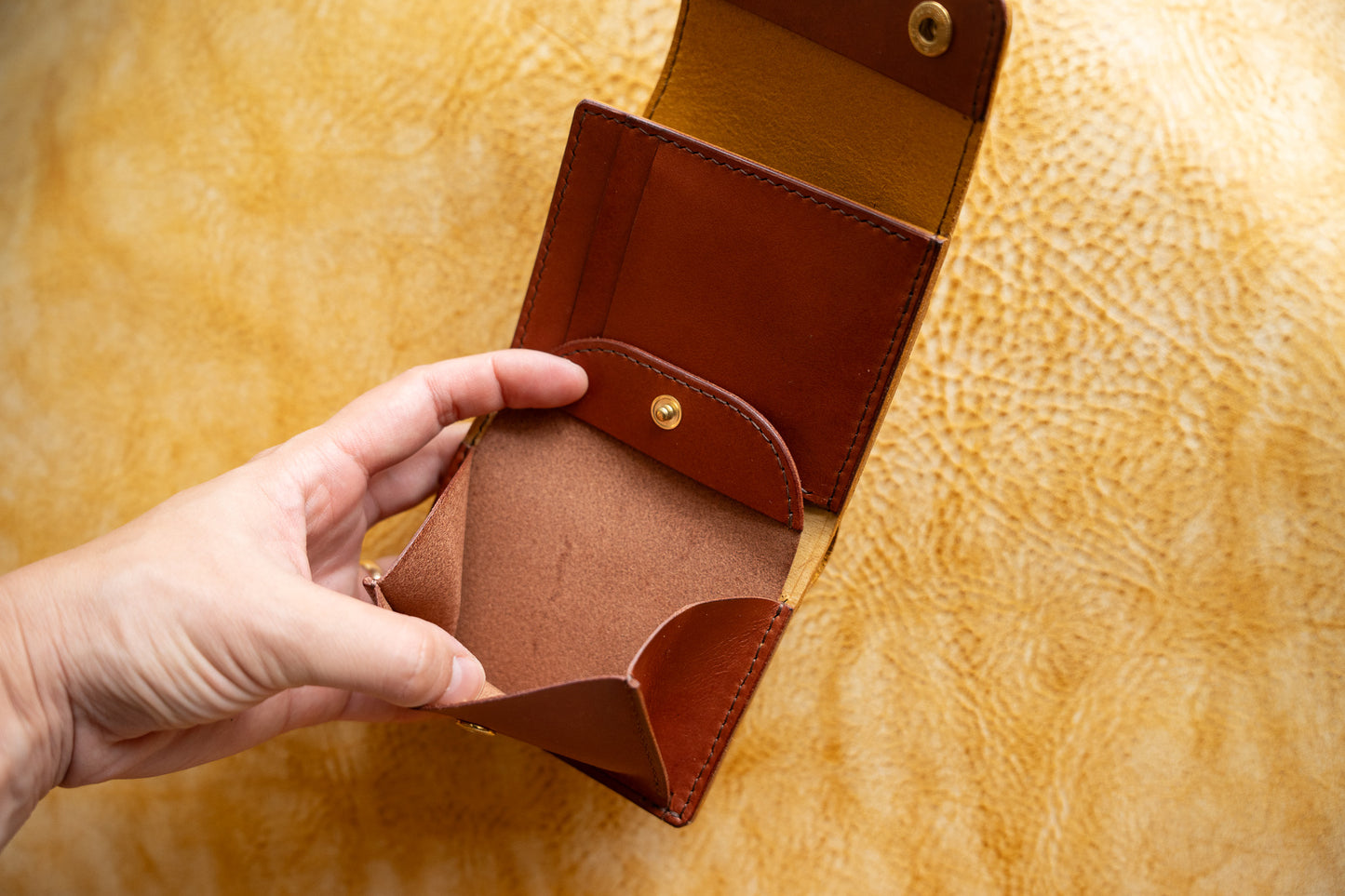 【一点物】ミニ財布 イエローxセサンタ 背面ポケット付き