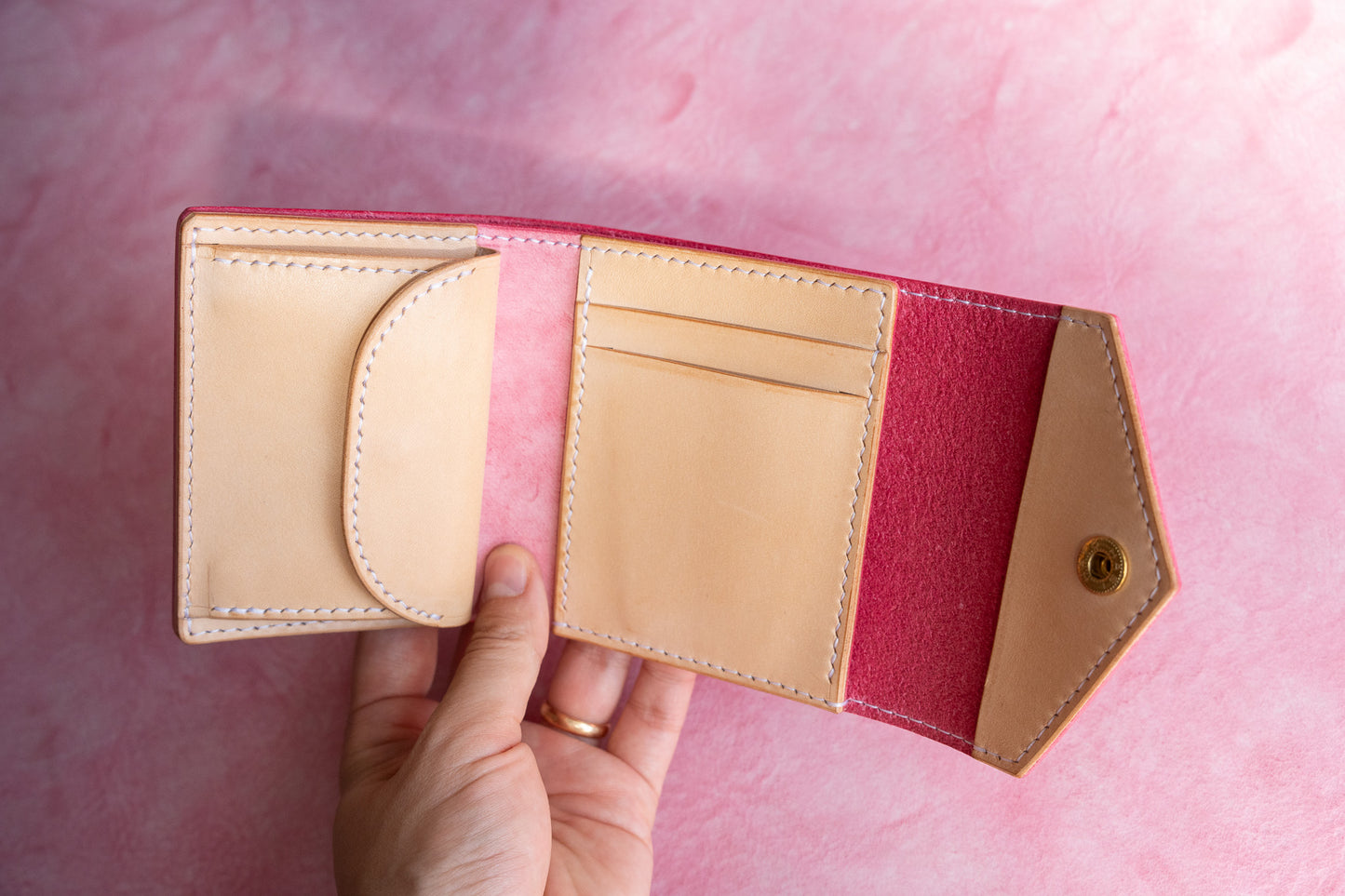 【一点物】ミニ財布 ピンクxナチュラル