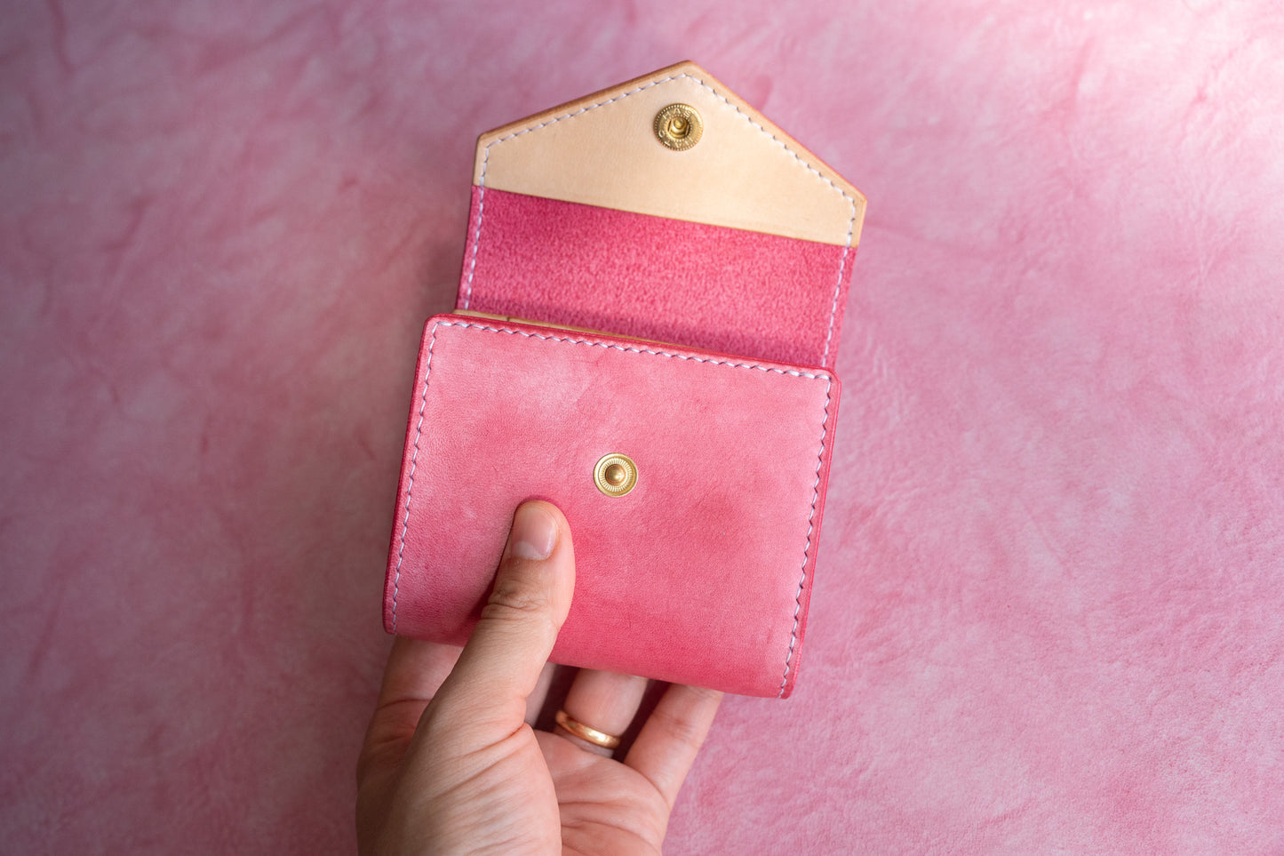 【一点物】ミニ財布 ピンクxナチュラル