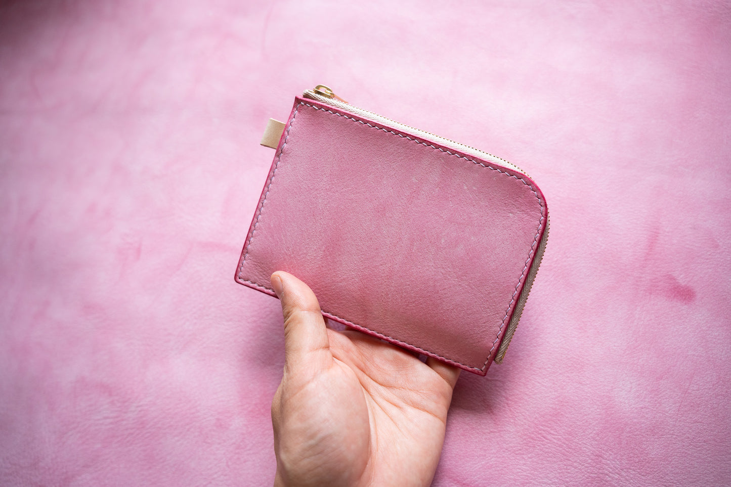 【一点物】L字ファスナー スリム財布 ピンクxデセルト