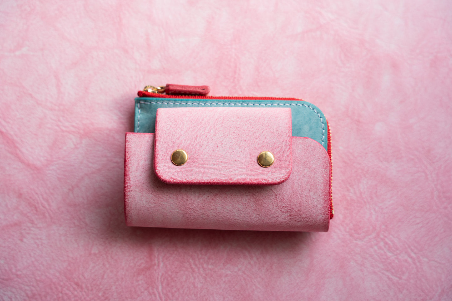 【一点物】ウォレットキーケース ピンクxアイスブルー