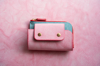 【一点物】ウォレットキーケース ピンクxアイスブルー