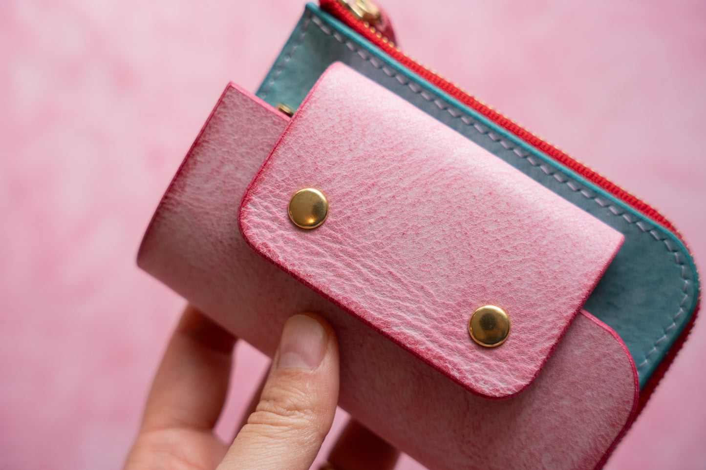 【一点物】ウォレットキーケース ピンクxアイスブルー