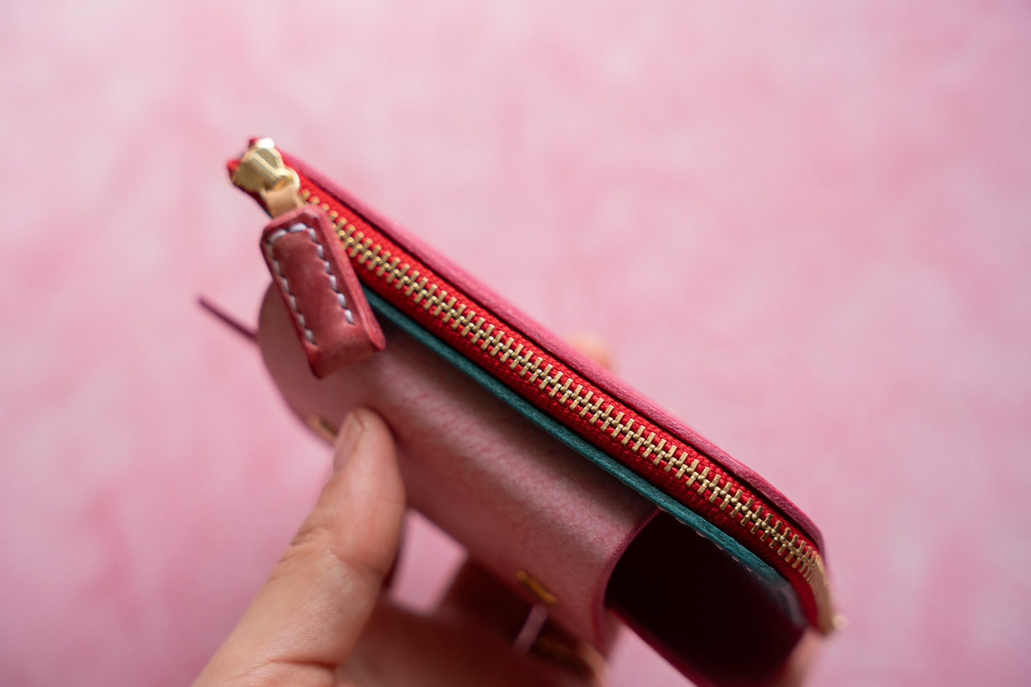 【一点物】ウォレットキーケース ピンクxアイスブルー