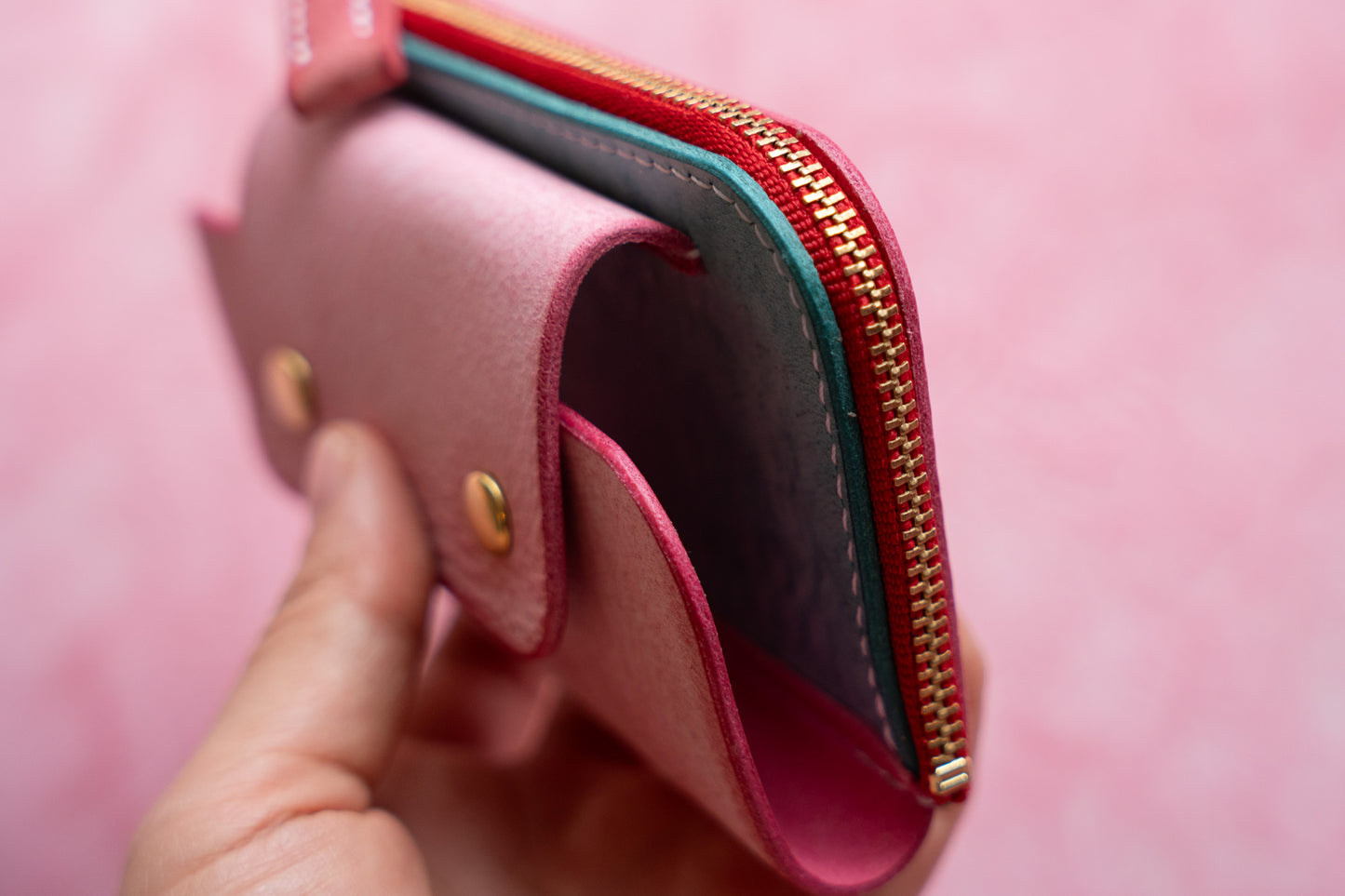 【一点物】ウォレットキーケース ピンクxアイスブルー