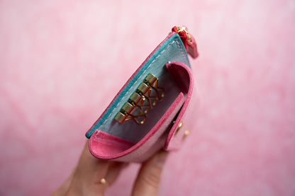 【一点物】ウォレットキーケース ピンクxアイスブルー