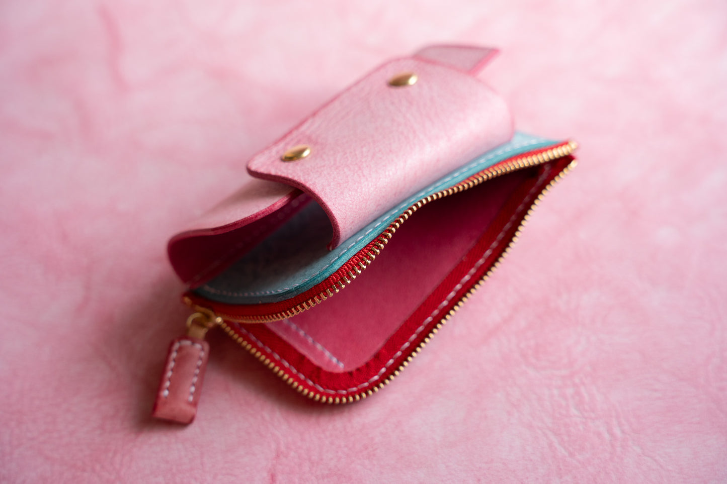 【一点物】ウォレットキーケース ピンクxアイスブルー