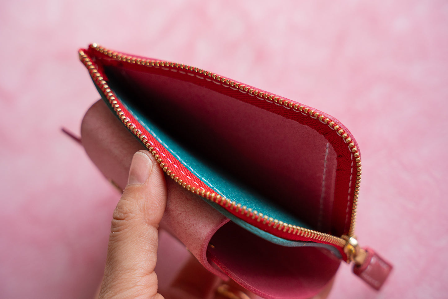 【一点物】ウォレットキーケース ピンクxアイスブルー