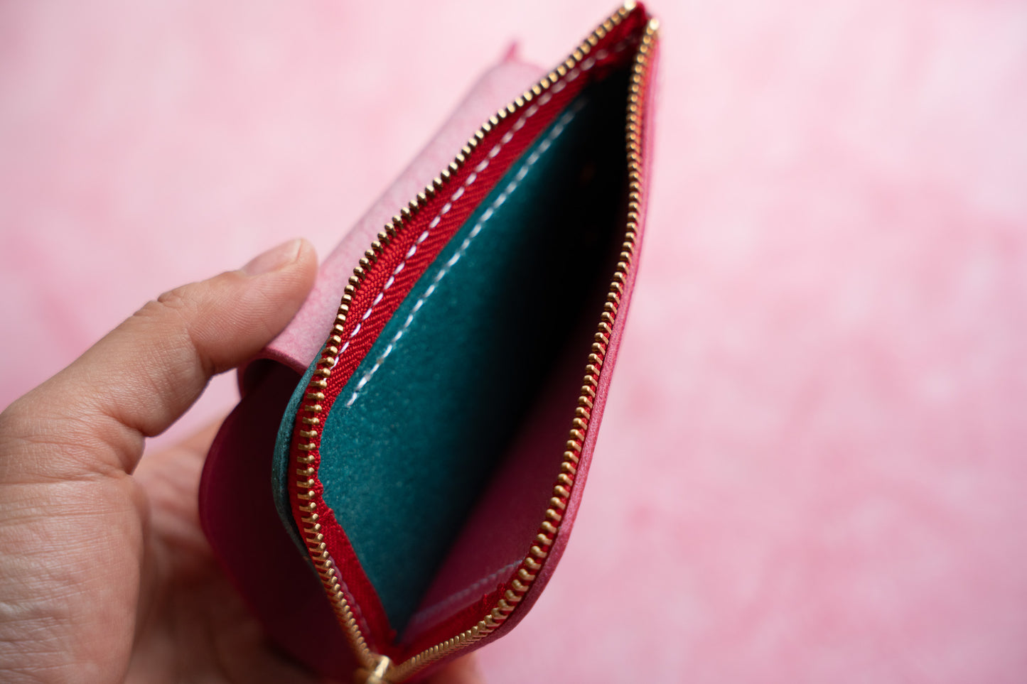 【一点物】ウォレットキーケース ピンクxアイスブルー