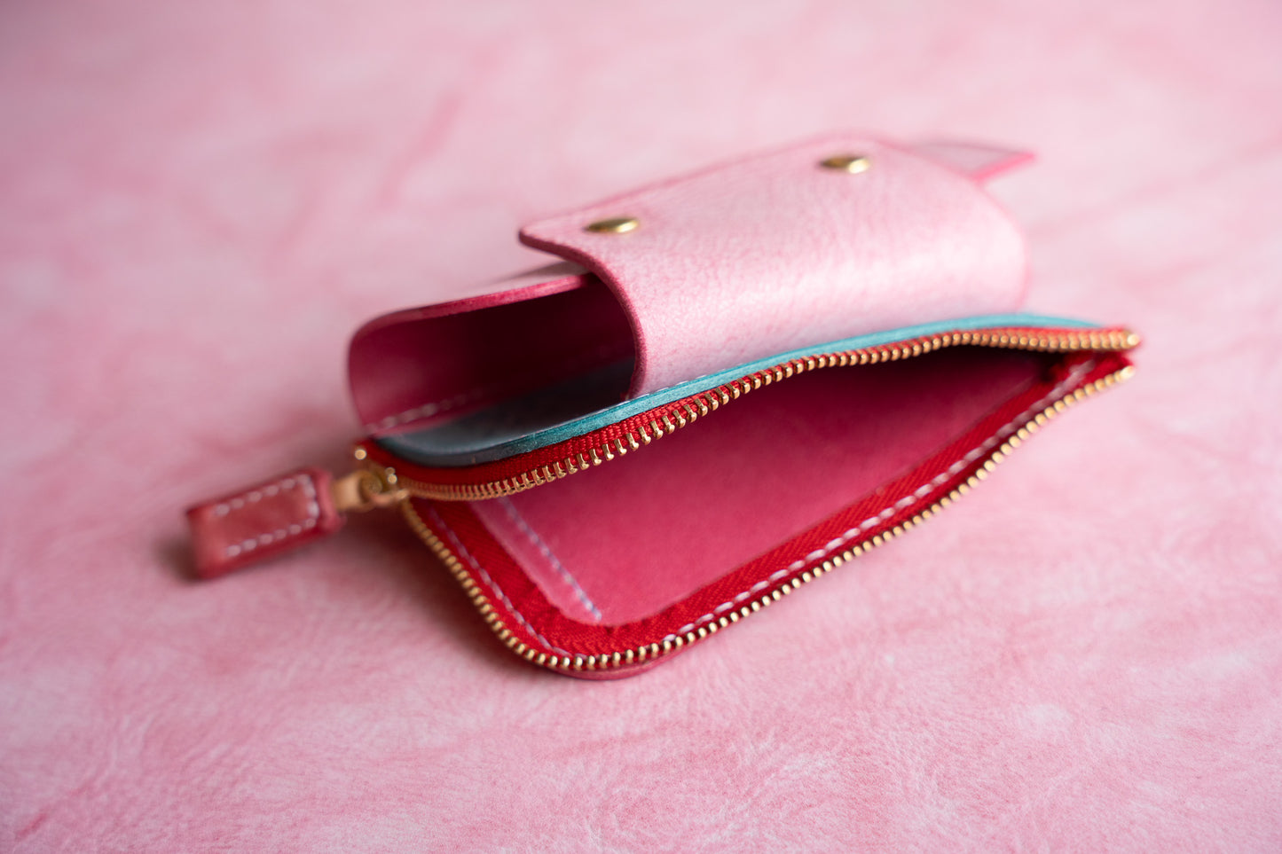 【一点物】ウォレットキーケース ピンクxアイスブルー