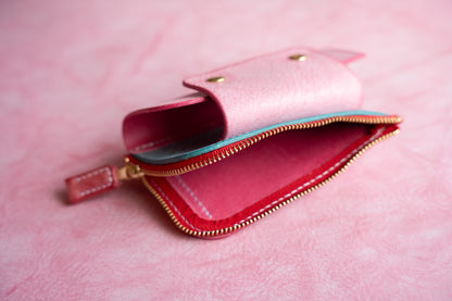 【一点物】ウォレットキーケース ピンクxアイスブルー