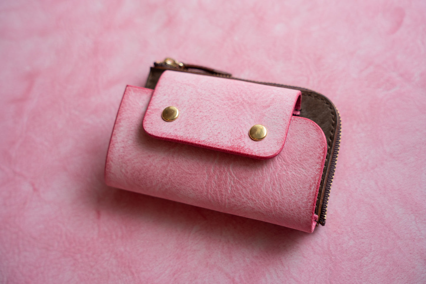 【一点物】ウォレットキーケース ピンクxブラウン