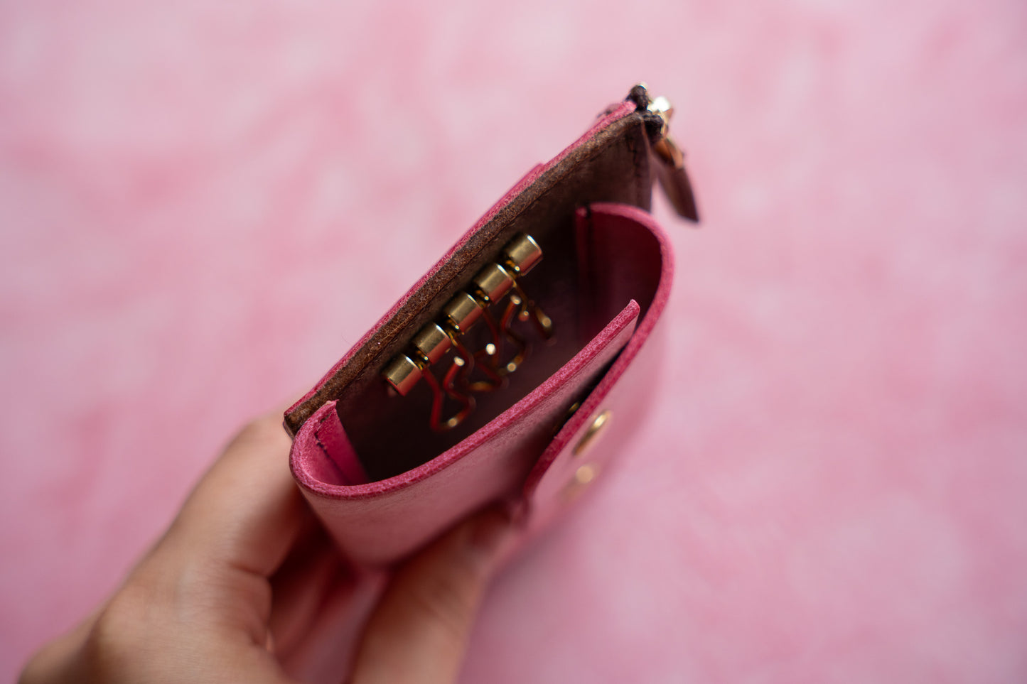 【一点物】ウォレットキーケース ピンクxブラウン