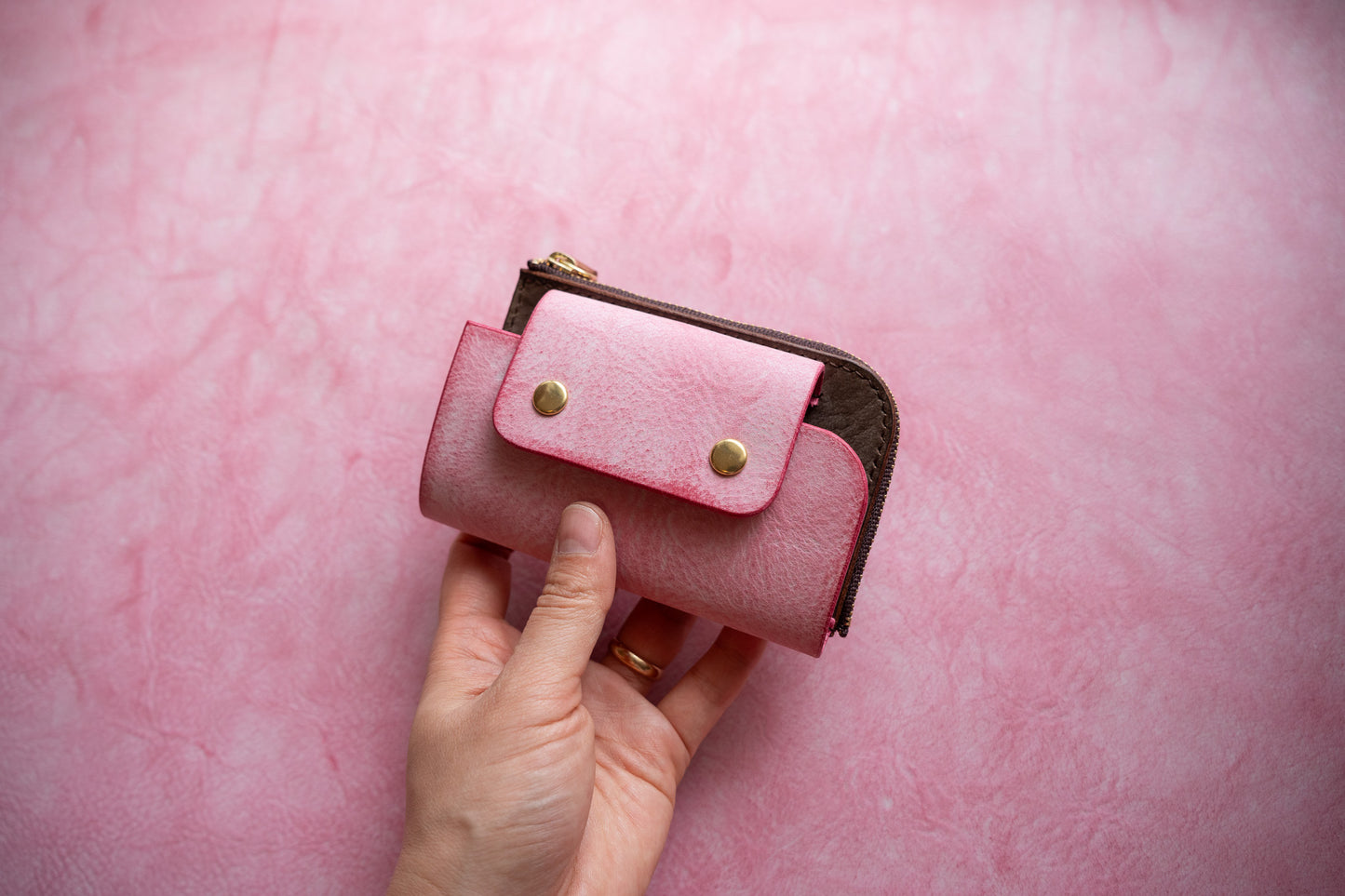 【一点物】ウォレットキーケース ピンクxブラウン