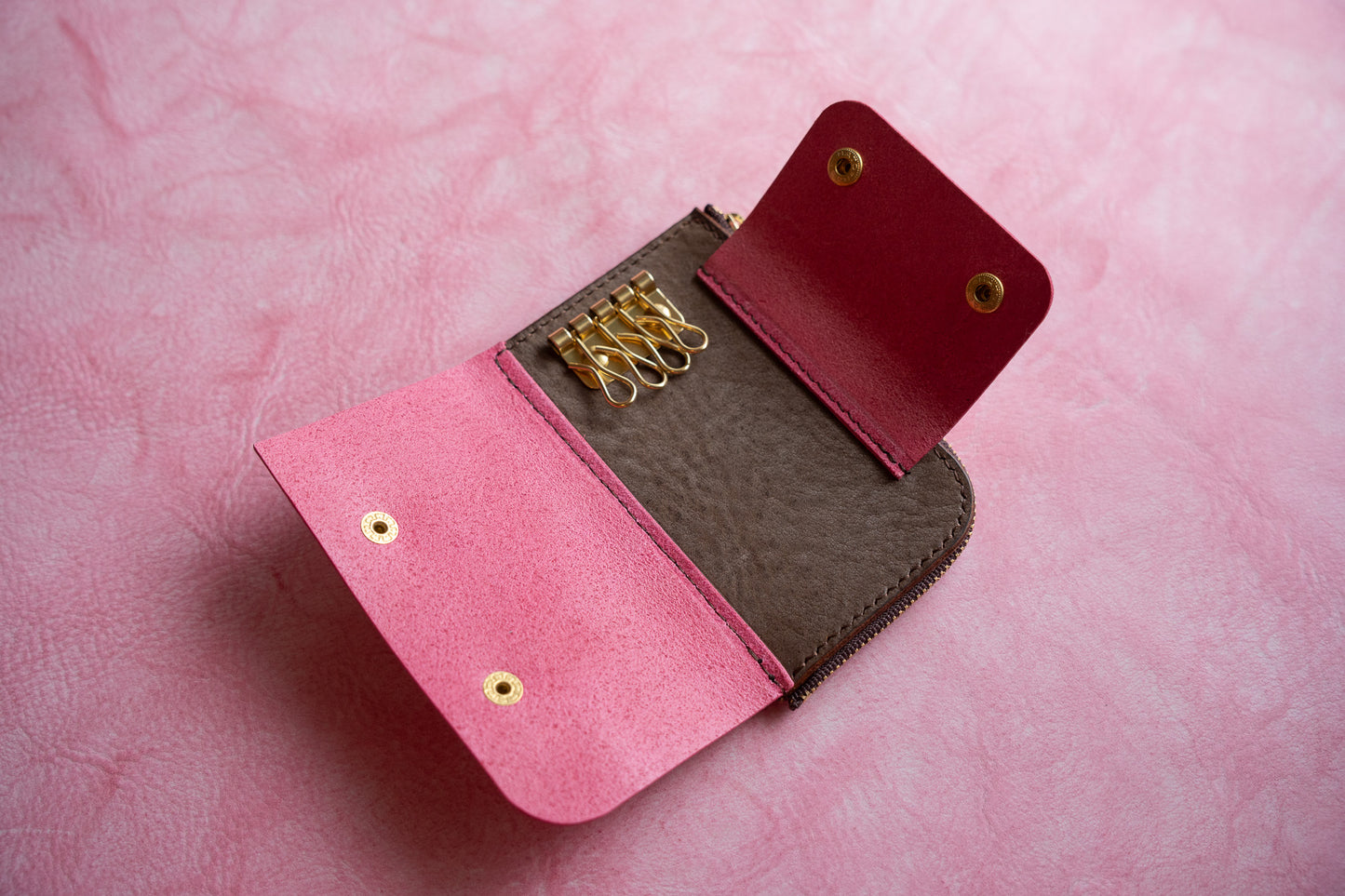 【一点物】ウォレットキーケース ピンクxブラウン
