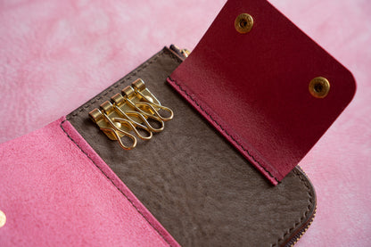 【一点物】ウォレットキーケース ピンクxブラウン