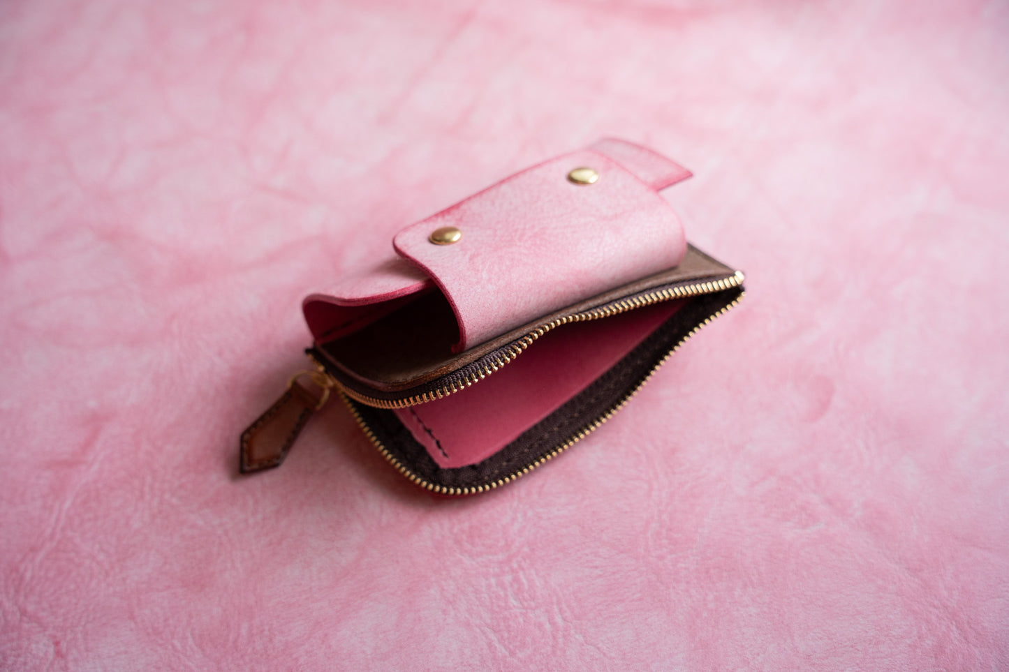 【一点物】ウォレットキーケース ピンクxブラウン