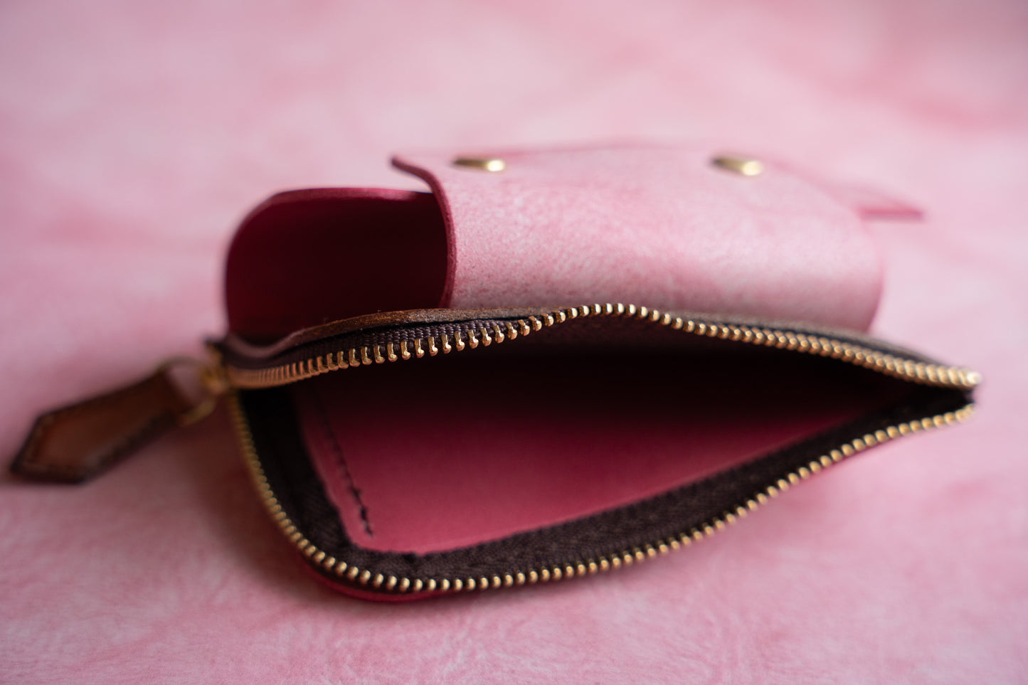 【一点物】ウォレットキーケース ピンクxブラウン