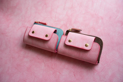 【一点物】ウォレットキーケース ピンクxブラウン