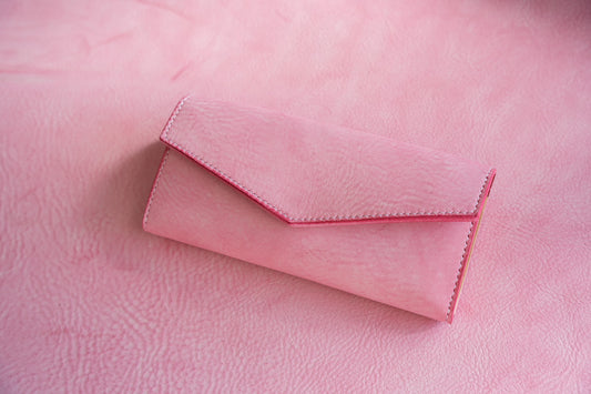 【一点物】フラップロングウォレット ピンクxナチュラル